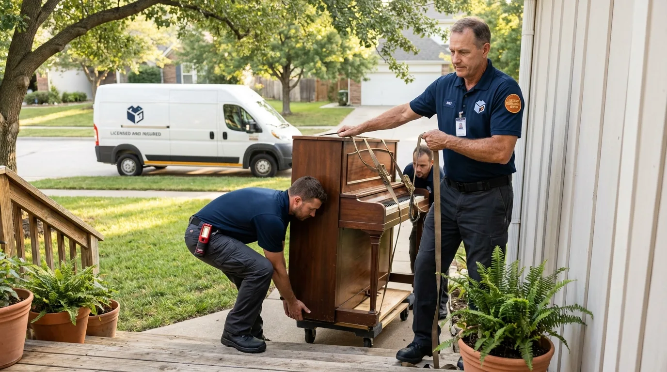 Licensed piano movers securing grand piano in Colonial Heights, VA