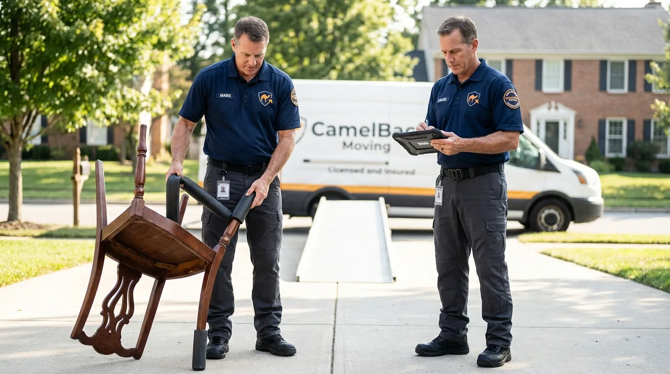 Movers inspecting furniture for damage prevention before loading in Colonial Heights, VA