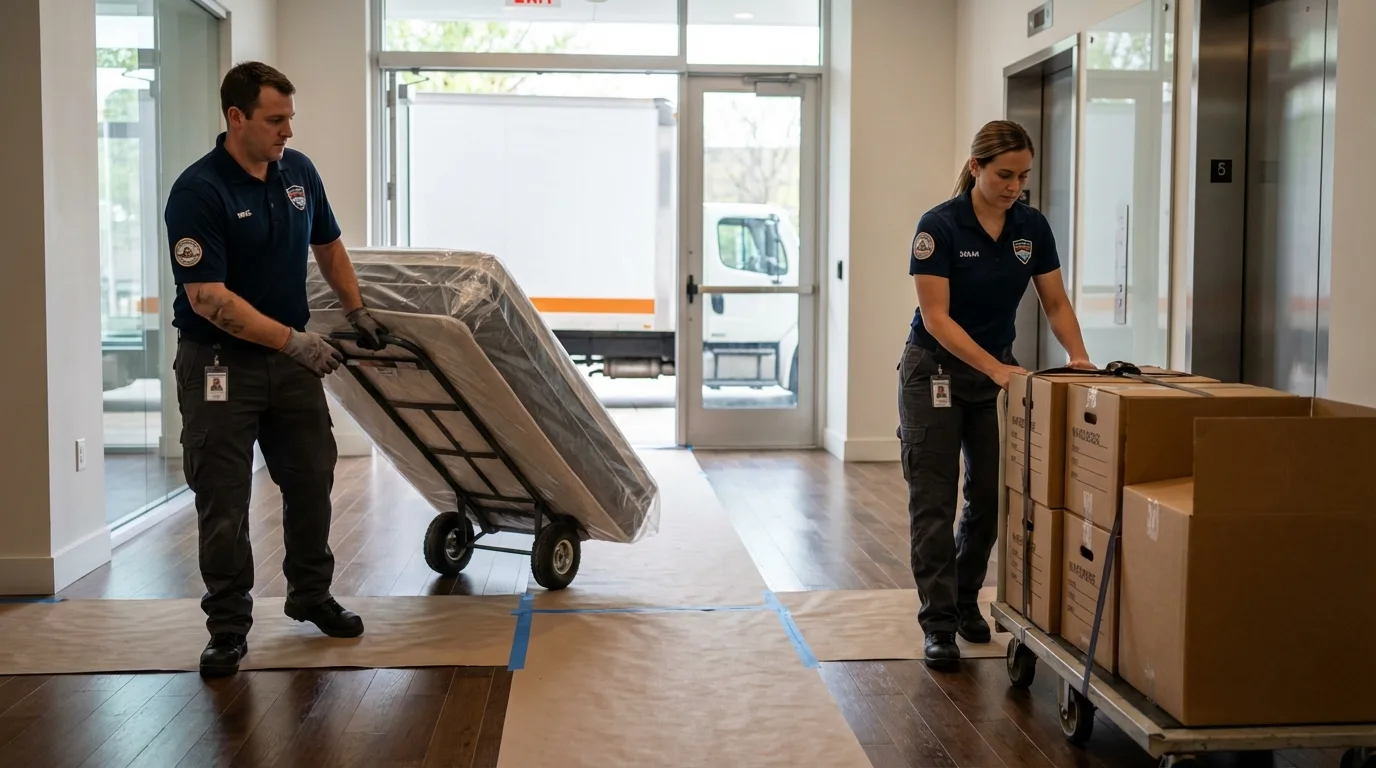 Professional apartment movers loading elevator in Colonial Heights, VA