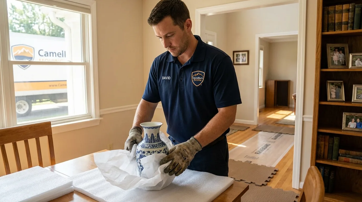 Professional crew carefully wrapping antique vase for senior downsizing move in Colonial Heights, VA